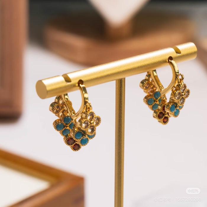 Rainbow Four-Leaf Lucky Flower Stone Drop Earrings
