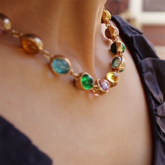 Vintage Rainbow Glass Stones Jewelry Set featuring multicolor glass stones in green, blue, pink, and amber tones linked in a gold-tone vintage-inspired necklace and bracelet design.
