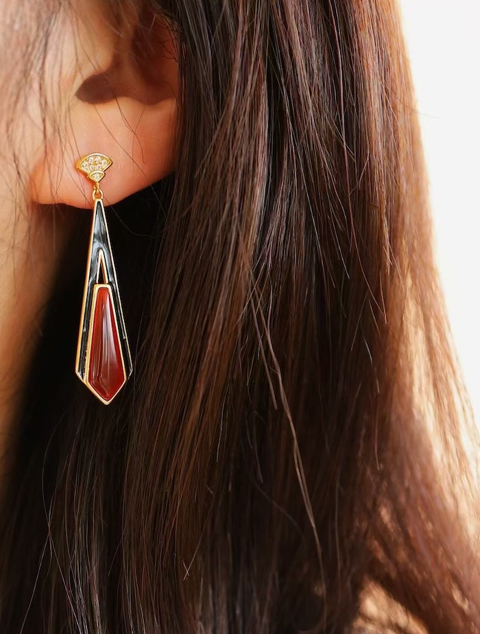 Geometric Drop Earrings with Red Agate