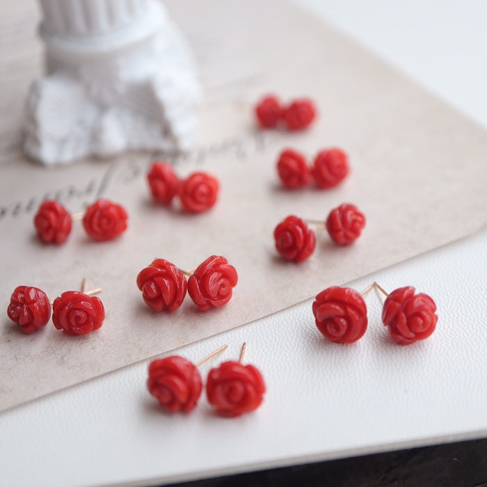 Timeless Red Coral Rose Flower Ear Studs-18K Gold