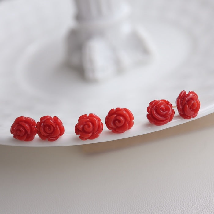 Timeless Red Coral Rose Flower Ear Studs-18K Gold