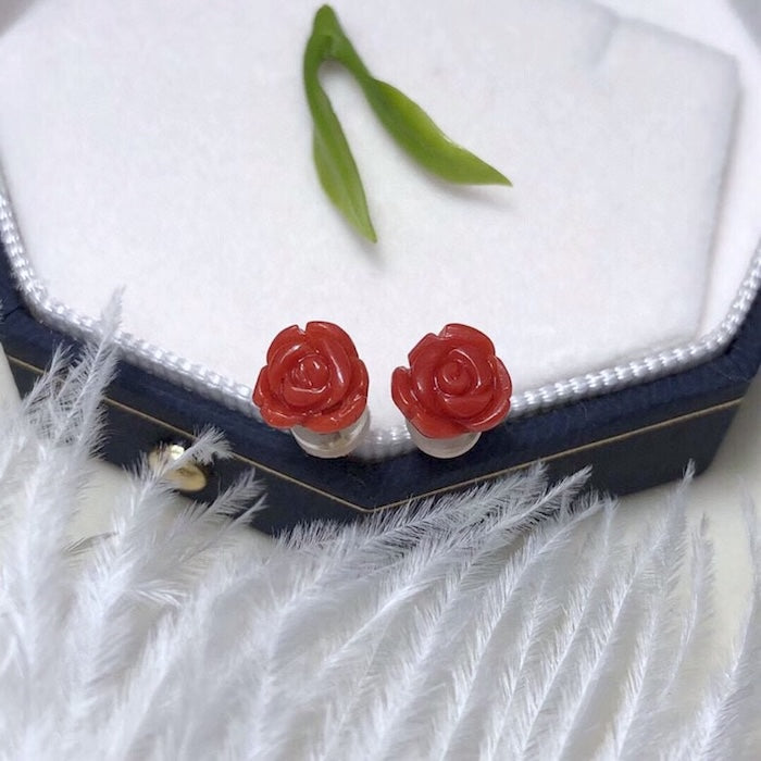Timeless Red Coral Rose Flower Ear Studs-18K Gold