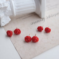 Timeless Red Coral Rose Flower Ear Studs-18K Gold