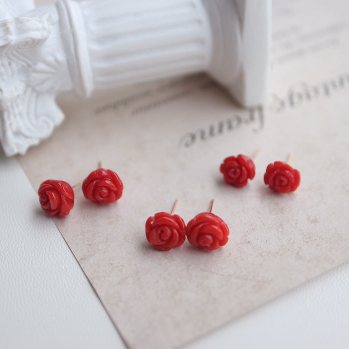Timeless Red Coral Rose Flower Ear Studs-18K Gold