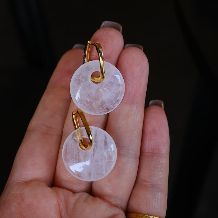 Minimalist Round Clear Quartz Earrings featuring genuine clear quartz crystal discs suspended from elegant gold vermeil findings.
