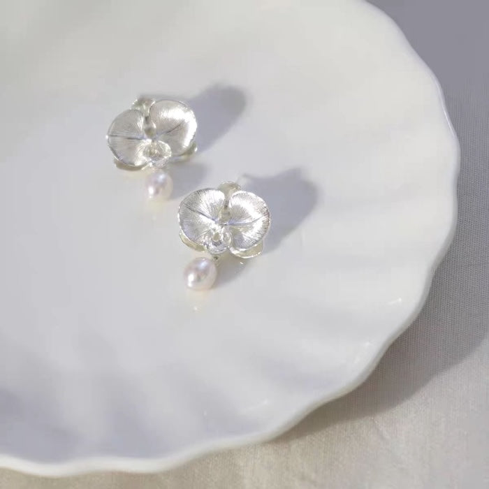 Silver Blooming Orchid Earrings with Pearl