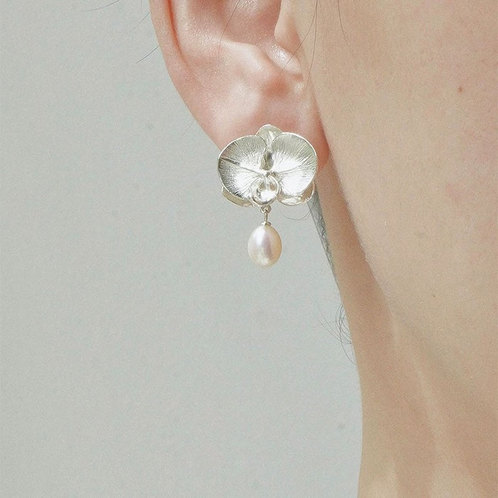 Silver Blooming Orchid Earrings with Pearl