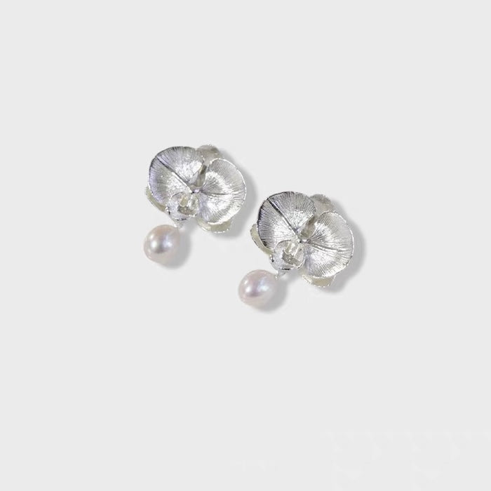 Silver Blooming Orchid Earrings with Pearl