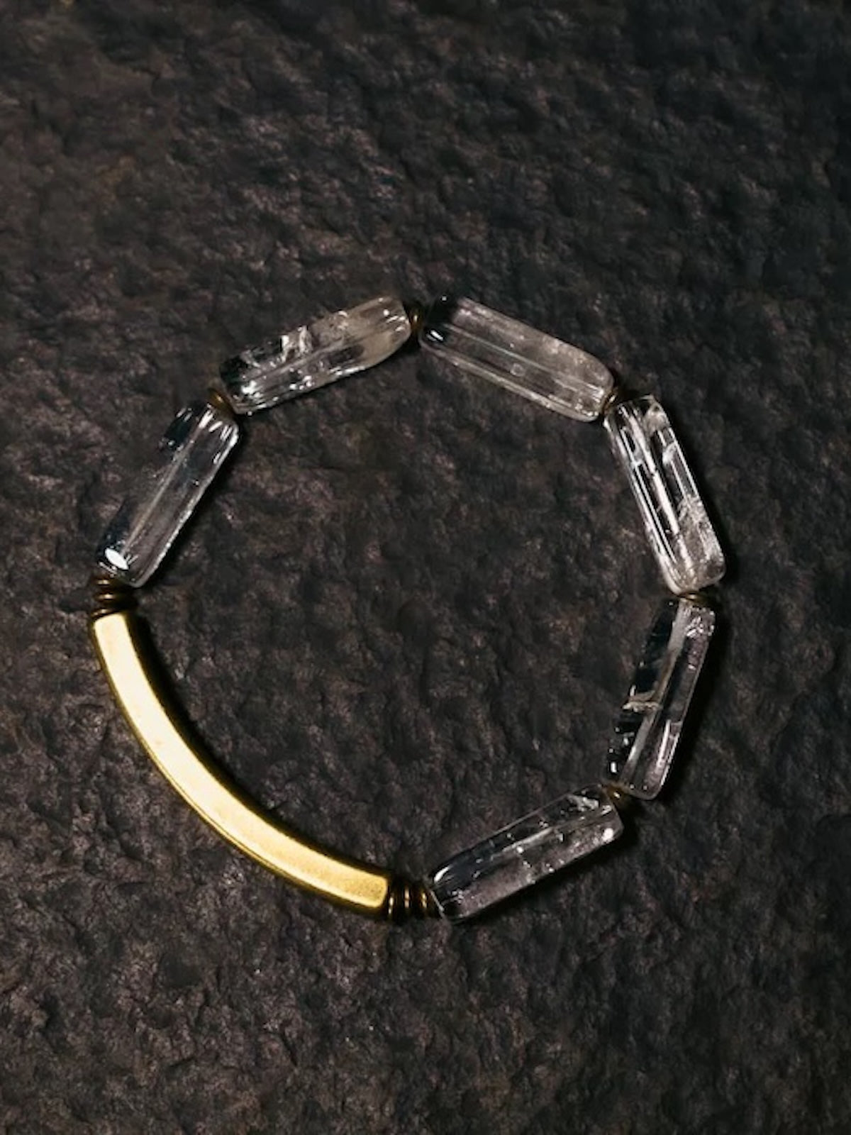 Clear Quartz Bar Bracelet featuring genuine clear quartz stone bars, bronze-toned findings, and a vintage-inspired charm.