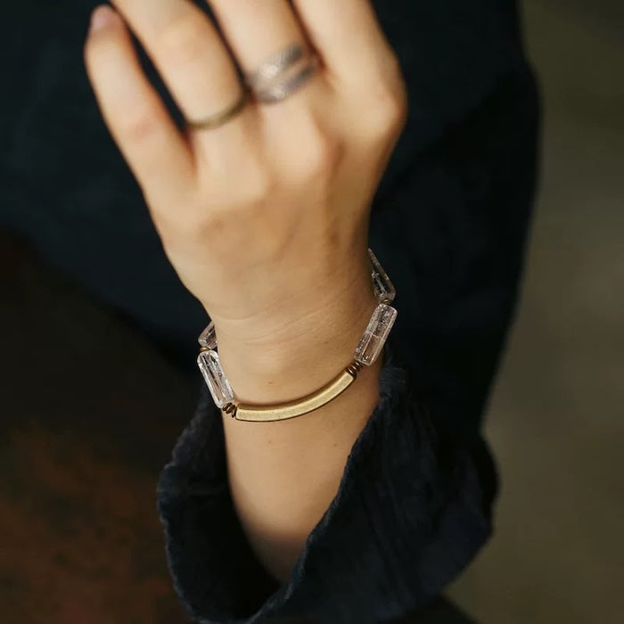 Clear Quartz Square Bar Bracelet with Bronze Charm