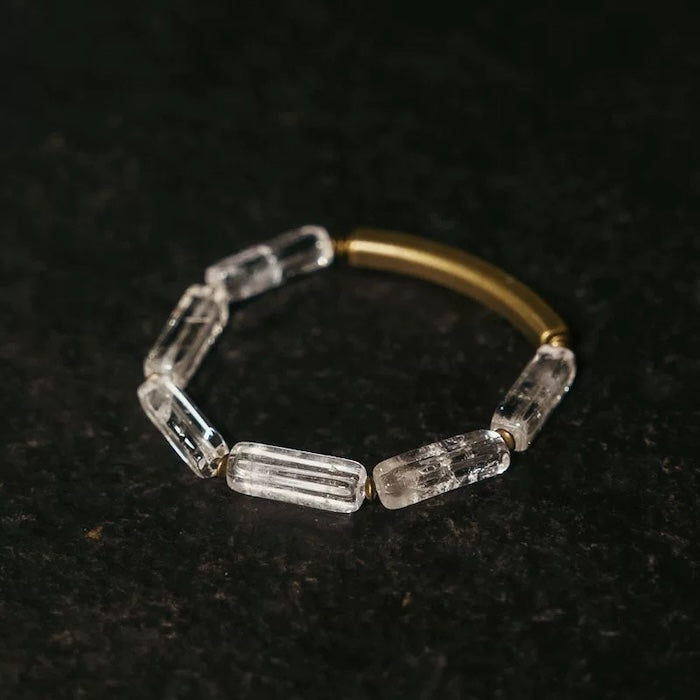 Clear Quartz Square Bar Bracelet with Bronze Charm