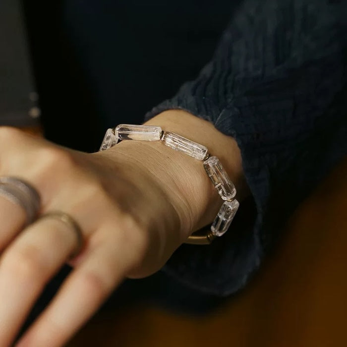 Clear Quartz Square Bar Bracelet with Bronze Charm