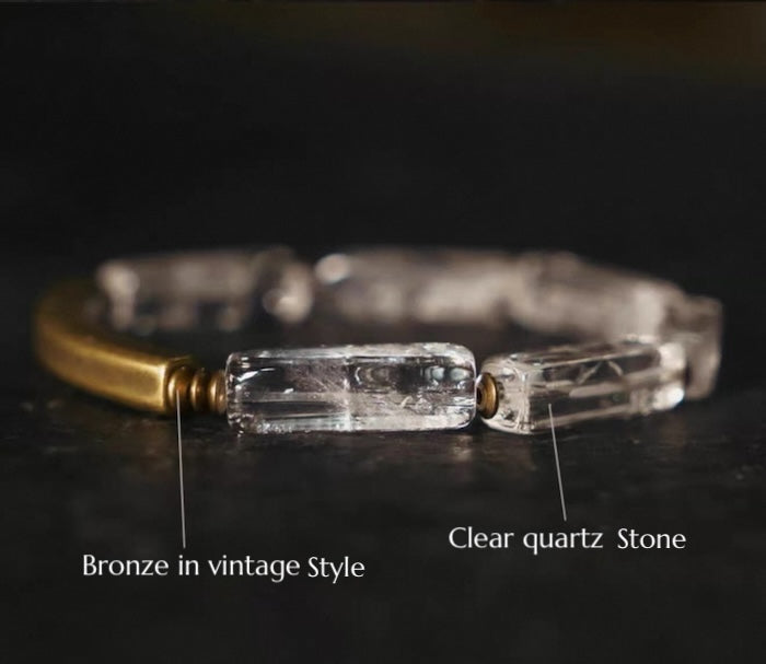 Clear Quartz Square Bar Bracelet with Bronze Charm