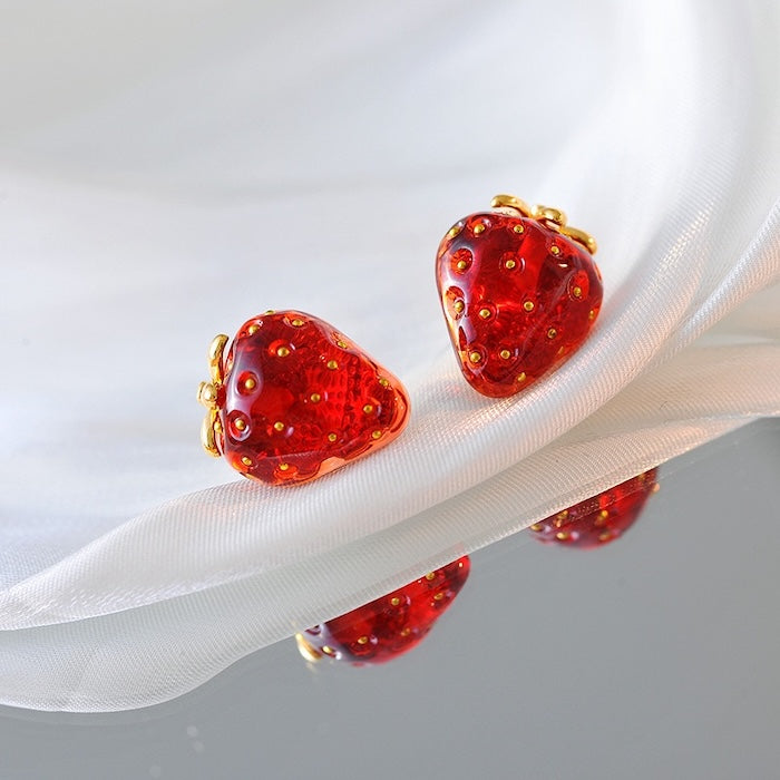 Sweet Strawberry Jewelry Set featuring glossy red strawberry stud earrings and a matching pendant necklace crafted in gold-plated brass with hand-finished resin enamel.
