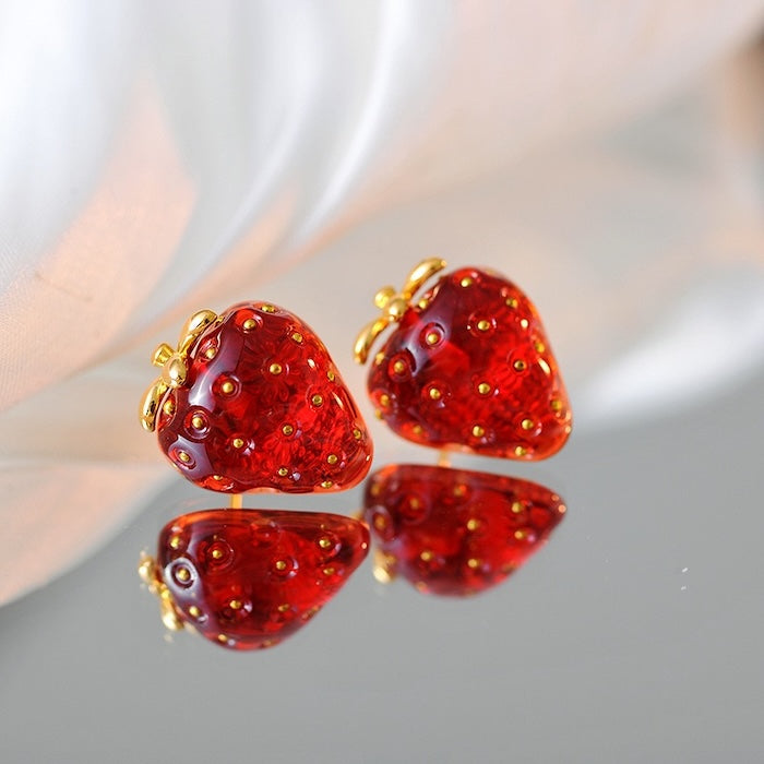 Sweet Strawberry Jewelry Set featuring glossy red strawberry stud earrings and a matching pendant necklace crafted in gold-plated brass with hand-finished resin enamel.
