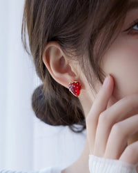 Sweet Strawberry Jewelry Set featuring glossy red strawberry stud earrings and a matching pendant necklace crafted in gold-plated brass with hand-finished resin enamel.
