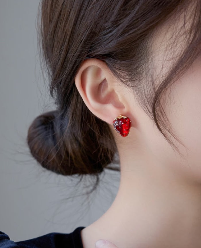 Sweet Strawberry Jewelry Set featuring glossy red strawberry stud earrings and a matching pendant necklace crafted in gold-plated brass with hand-finished resin enamel.
