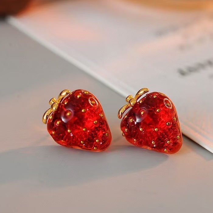 Sweet Strawberry Jewelry Set featuring glossy red strawberry stud earrings and a matching pendant necklace crafted in gold-plated brass with hand-finished resin enamel.

