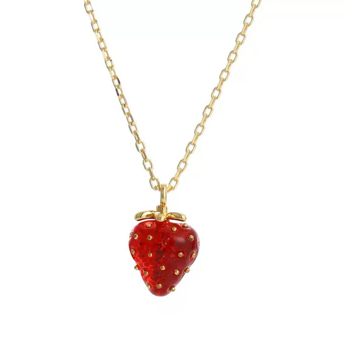 Sweet Strawberry Jewelry Set featuring glossy red strawberry stud earrings and a matching pendant necklace crafted in gold-plated brass with hand-finished resin enamel.
