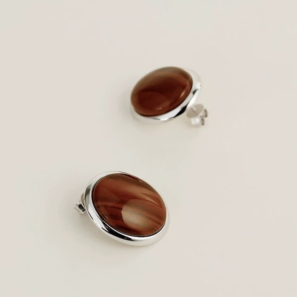 Bold Look Tiger Eye Stone and MOP Oval Ear Studs