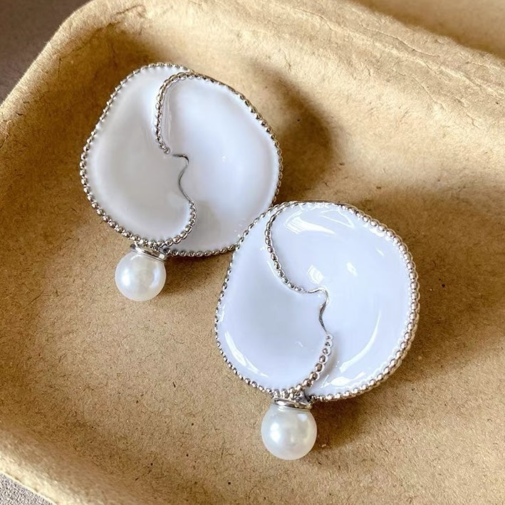 Chunky White Enamel Plume Flower Earrings