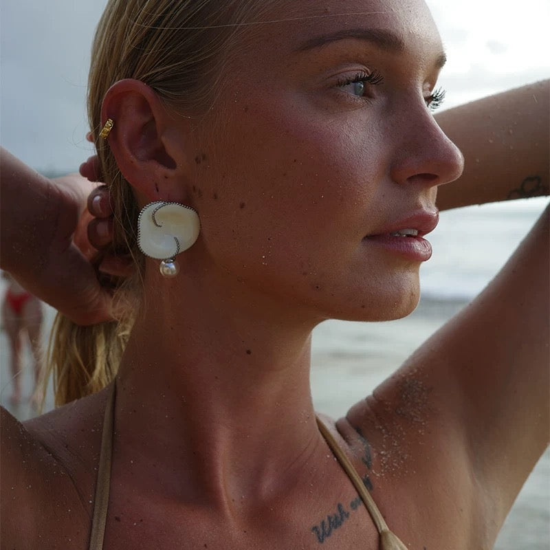 Chunky White Enamel Plume Flower Earrings