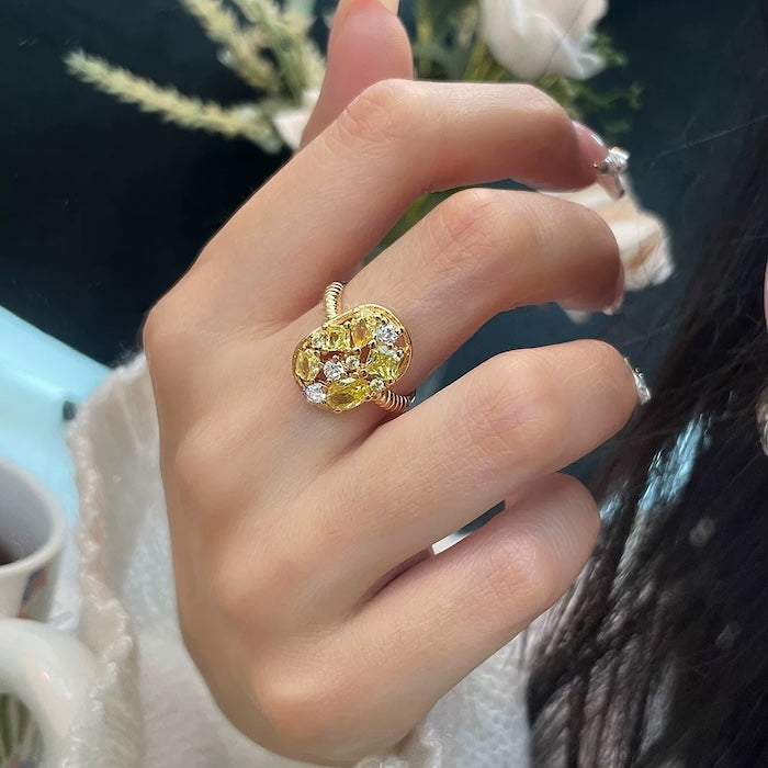 Yellow Crystal Cluster Open Ring
