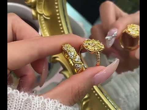 Yellow Crystal Cluster Open Ring featuring vibrant yellow zirconias and sparkling clear crystal accents in a gold-plated adjustable setting.
