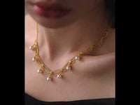 Lace Style Necklace with Genuine Freshwater Pearls featuring delicate layered chains and genuine baroque pearl drops in gold and silver-tone finishes, available in 3-pearl and 7-pearl designs.

