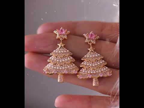 Pink Pearl Christmas Tree Earrings – Sparkling Holiday Statement