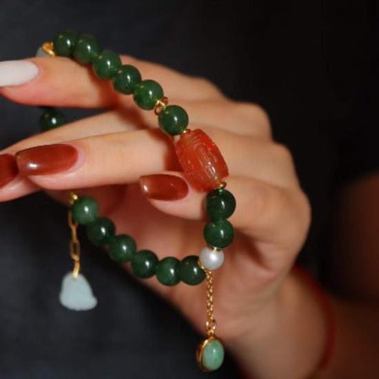 Hetian Jade and Red Agate Tibetan Totem Bracelet