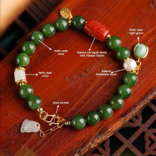 Hetian Jade and Red Agate Tibetan Totem Bracelet