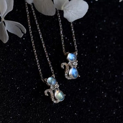 Sterling Silver Cute Cat Moonstone Necklace