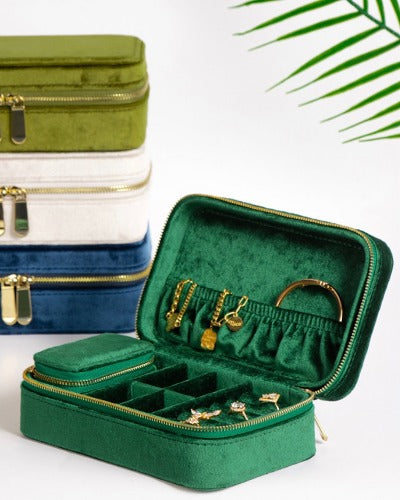 Duel Velvet Portable Jewelry Box - Emerald green