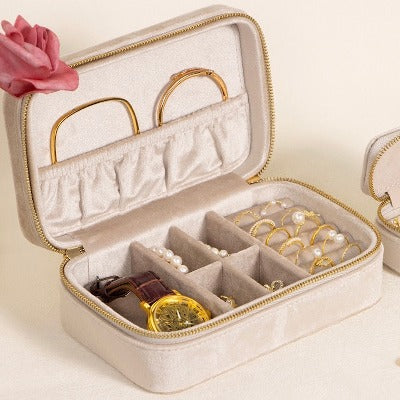 Duel Velvet Portable Jewelry Box - Milky Beige