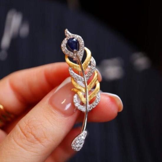 Feathered Splendor Brooch with Real Sapphire