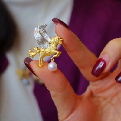 Versatile Angel Unicorn Brooch with Akoya Pearl