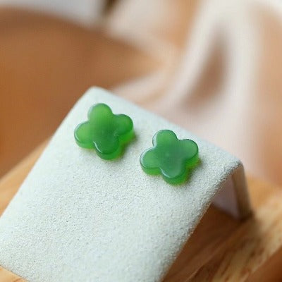 Hetian Jade Lucky Clover Ear Studs-18K gold